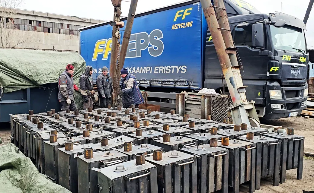 Wood-burning stoves prepared for shipment to Ukraine to help families survive the winter.